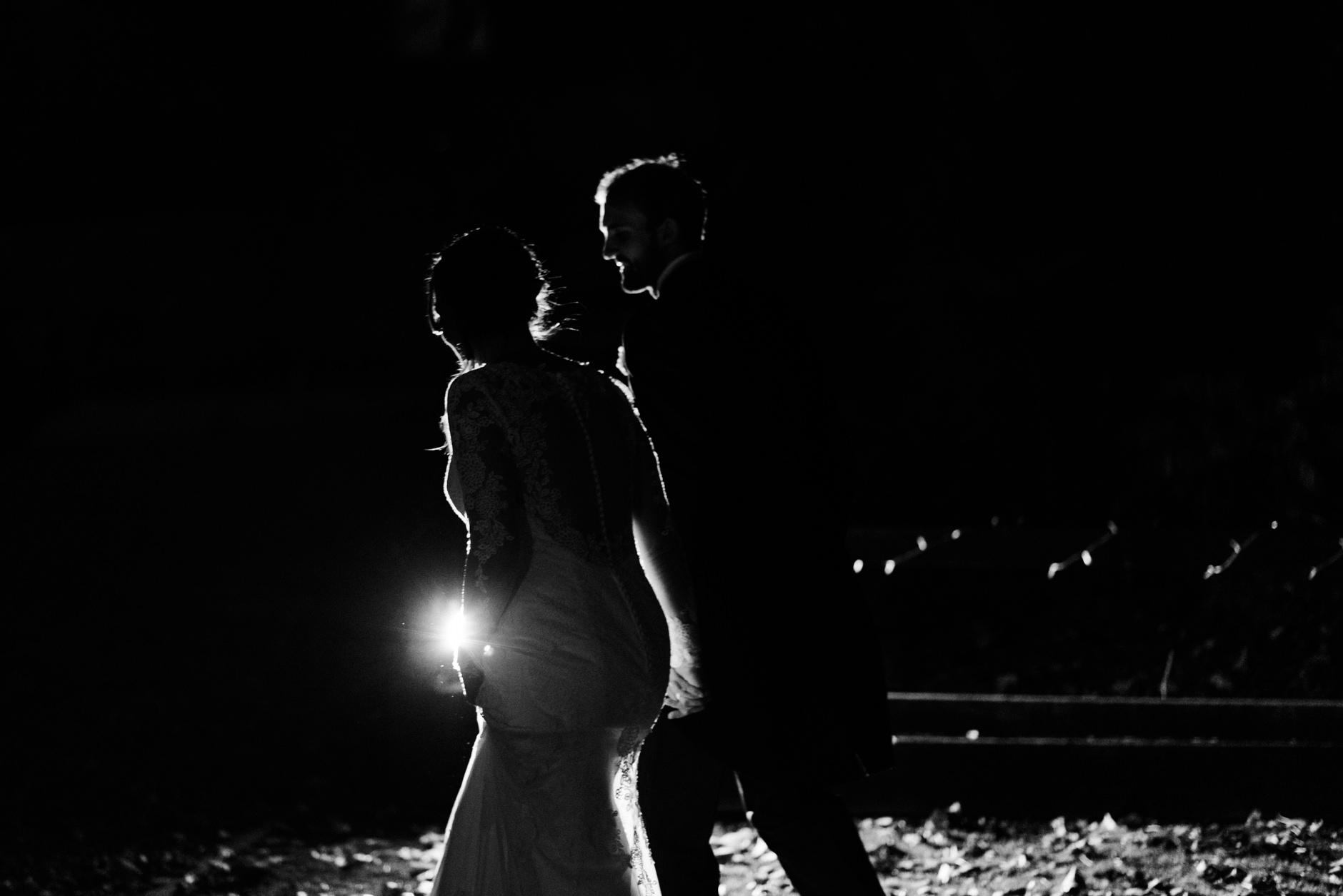 Rim light around the bride and groom at night