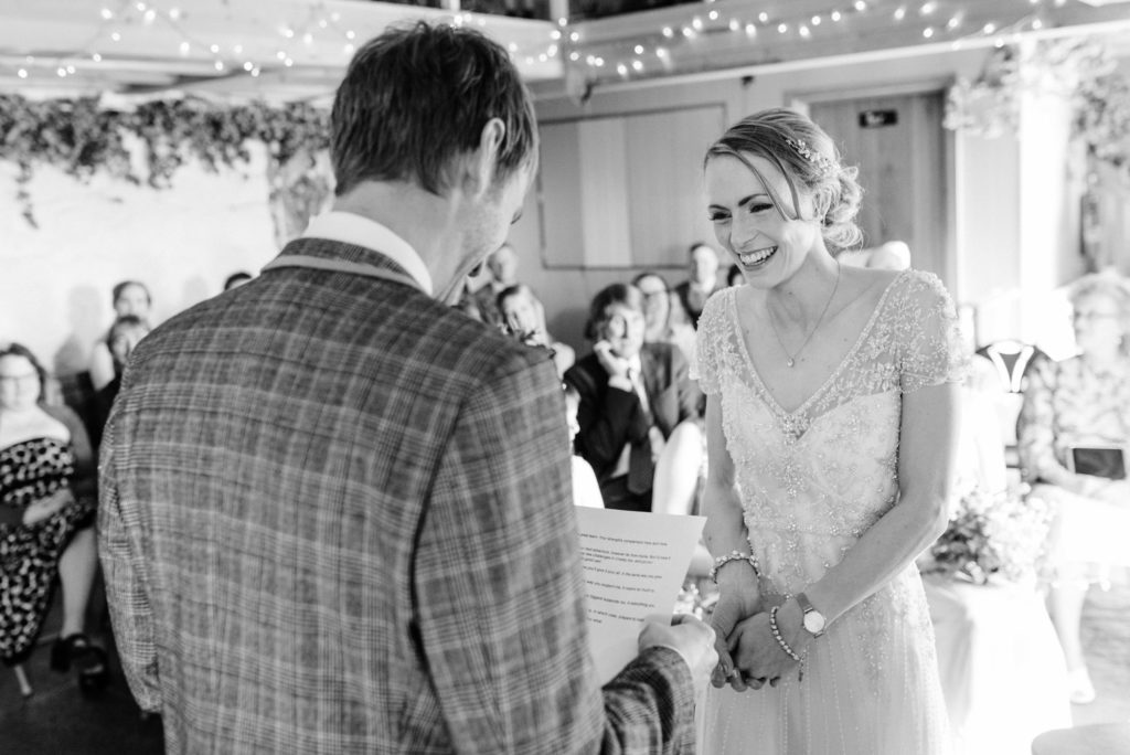 Bride and groom in barn wedding