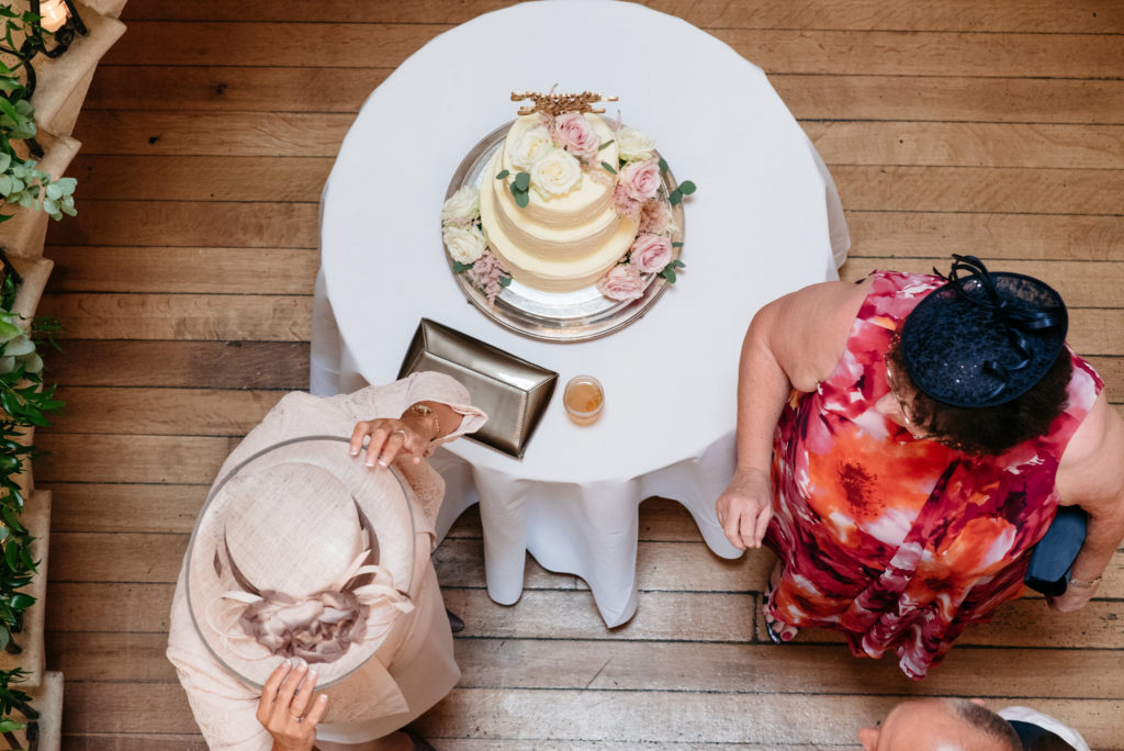 wedding cake and hat from above
