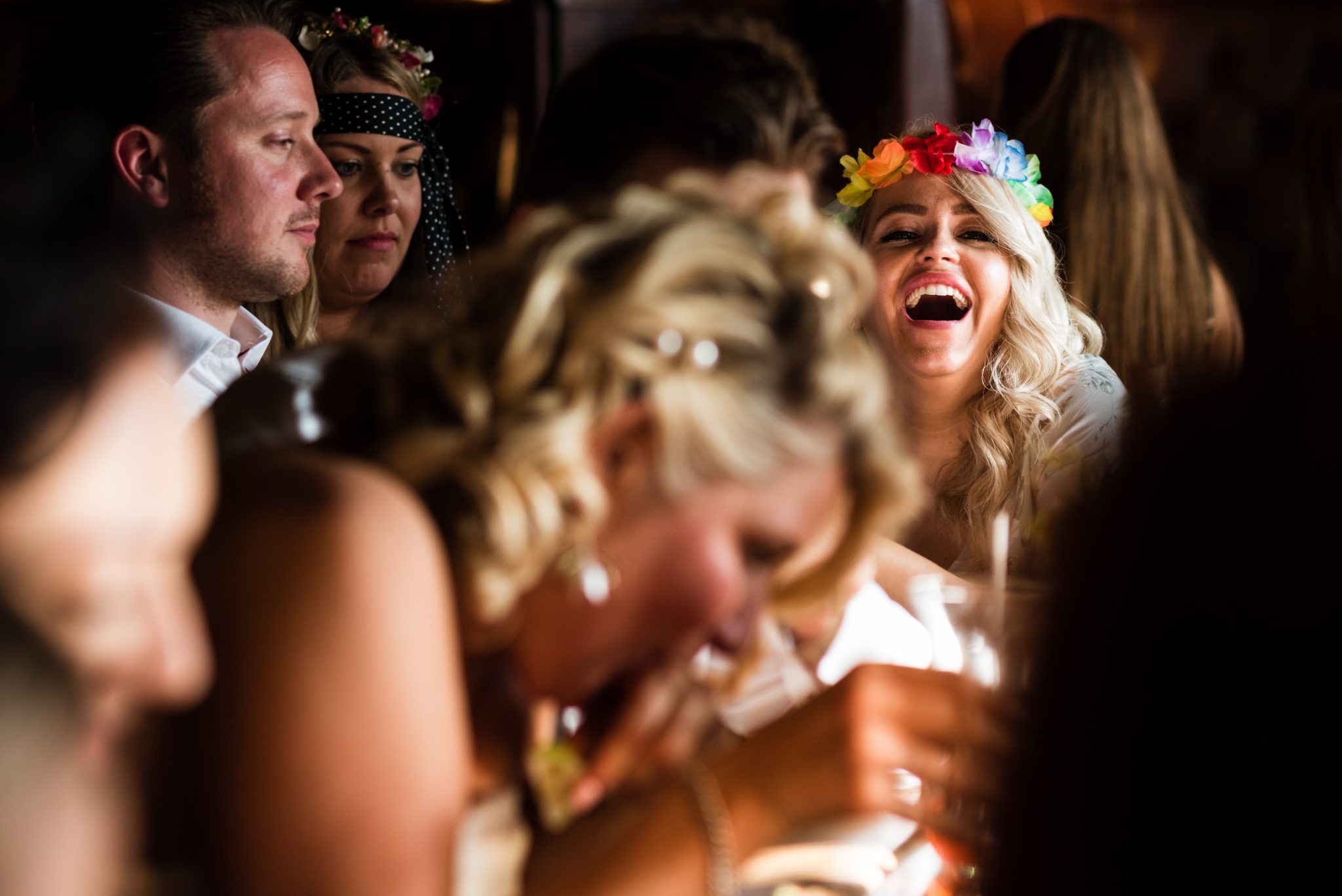 wedding guest with flowers in her hair
