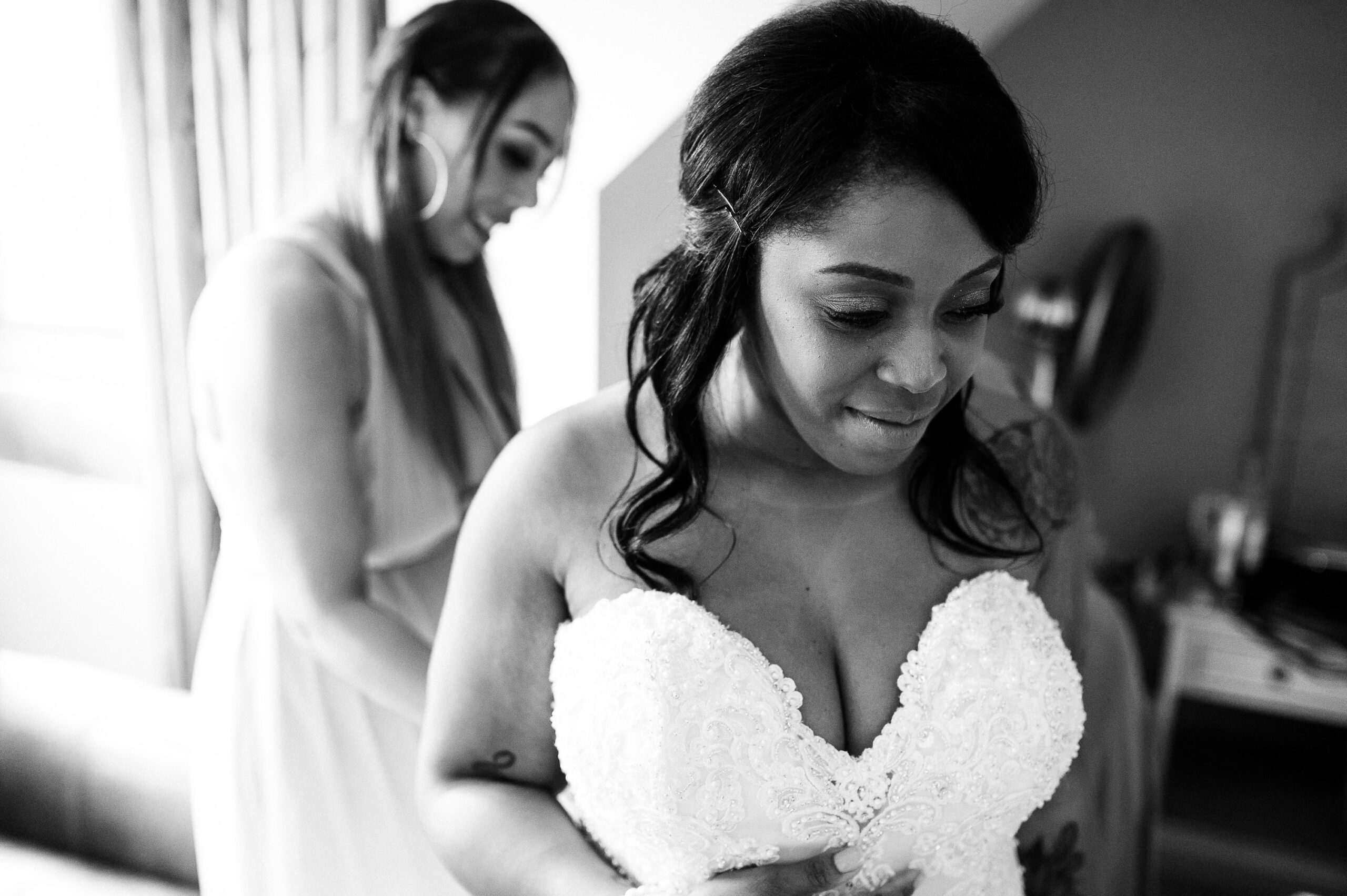 black and white photo of the bride in her wedding dress