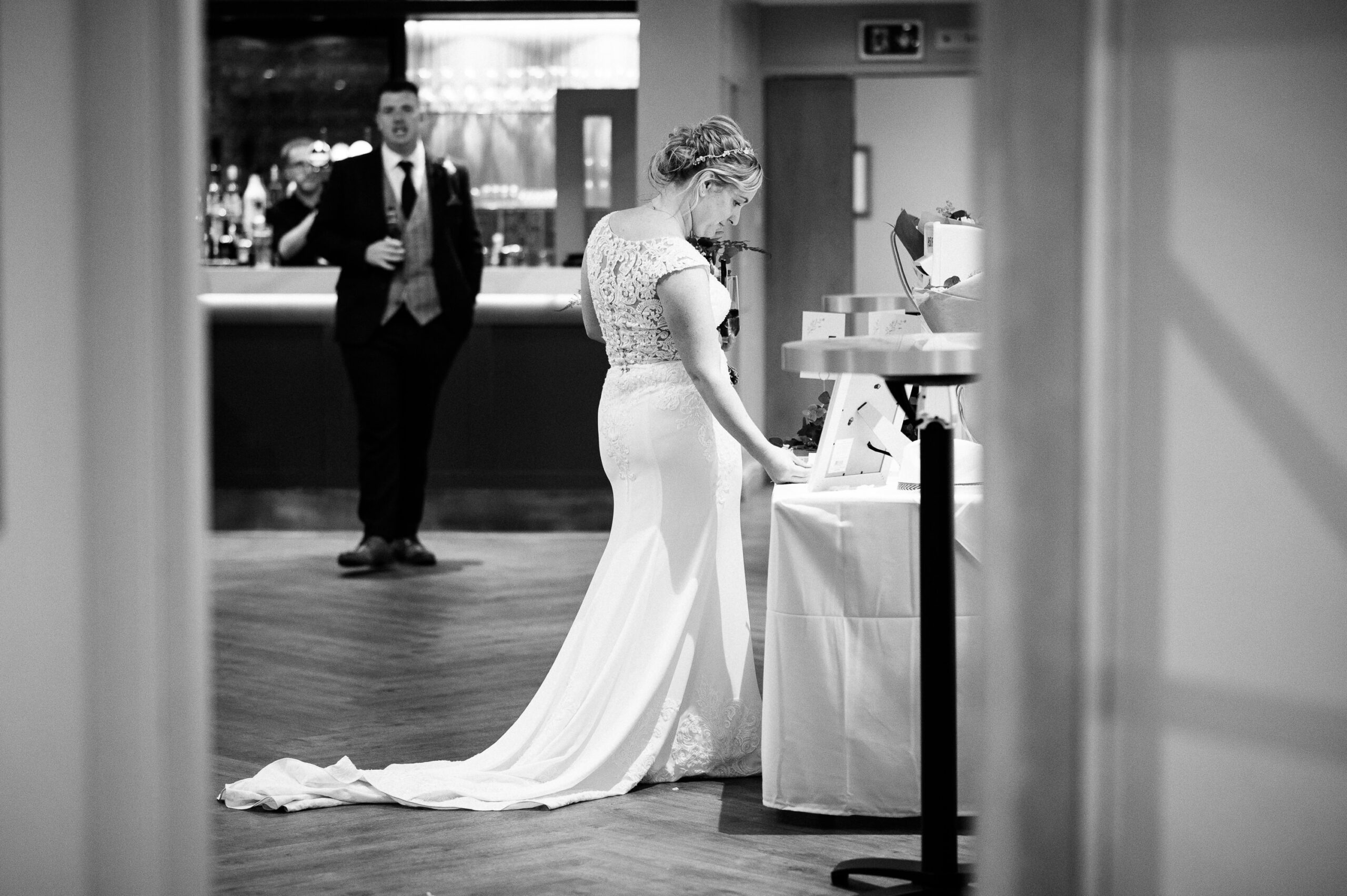 bride looking through her guestbook
