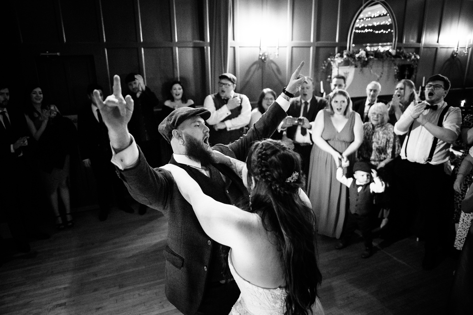 black & white first dance photo at the fishpond in matlock