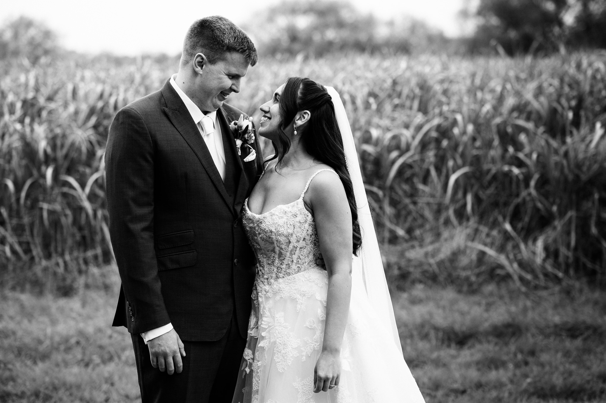 black and white photo of a relaxed couples portrait at alrewas hayes wedding venue